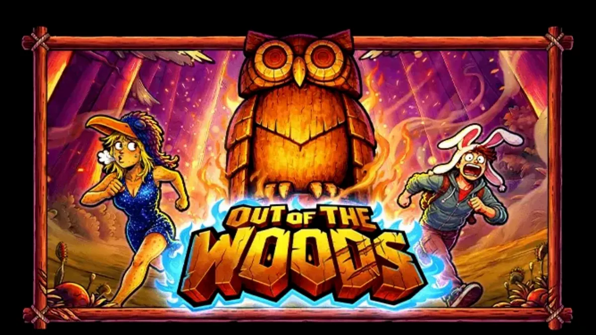 Pemandangan hutan misterius dengan elemen petualangan dalam slot Out of the Woods