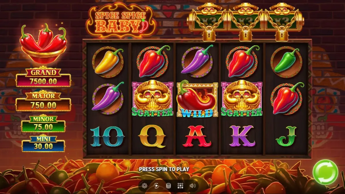 Tampilan visual mesin slot Spice Spice Baby dengan tema cabai Meksiko yang cerah.